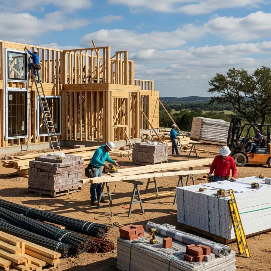 Construction site in New Braunfels with builders working on a custom home, showcasing modern construction trends