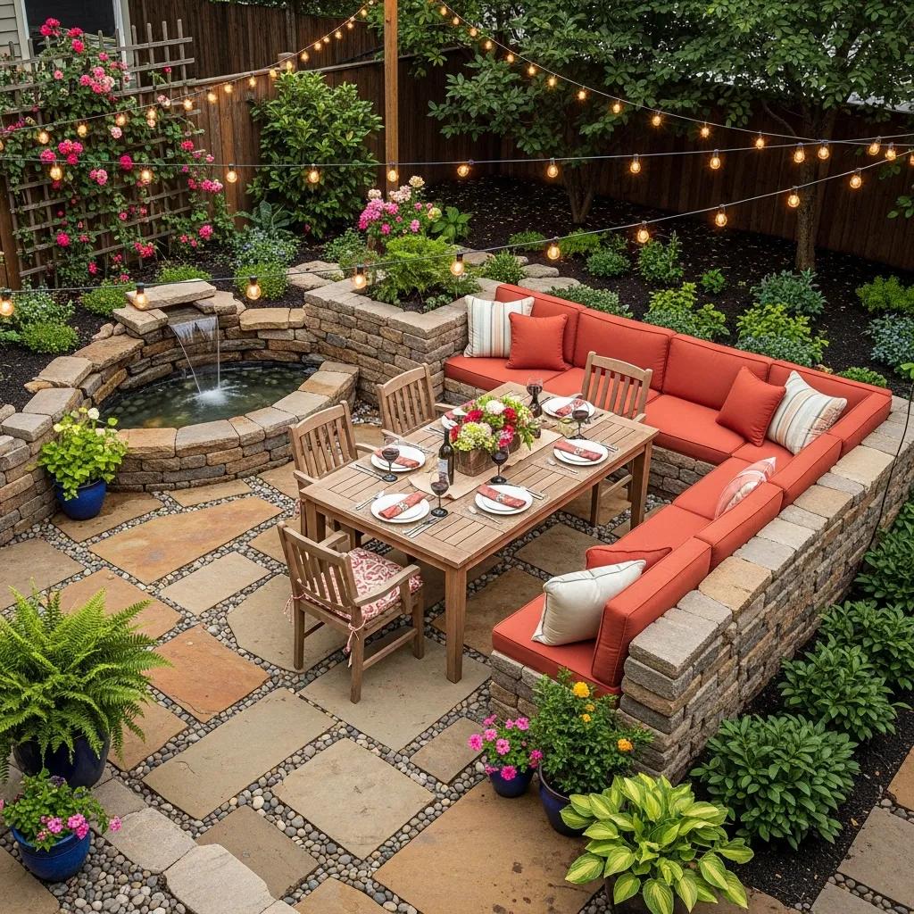Creative backyard patio design featuring decorative stonework and integrated seating for outdoor gatherings