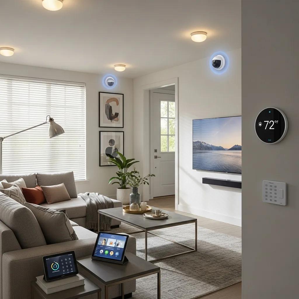 Living room showcasing smart home technologies like automated lighting and smart thermostat
