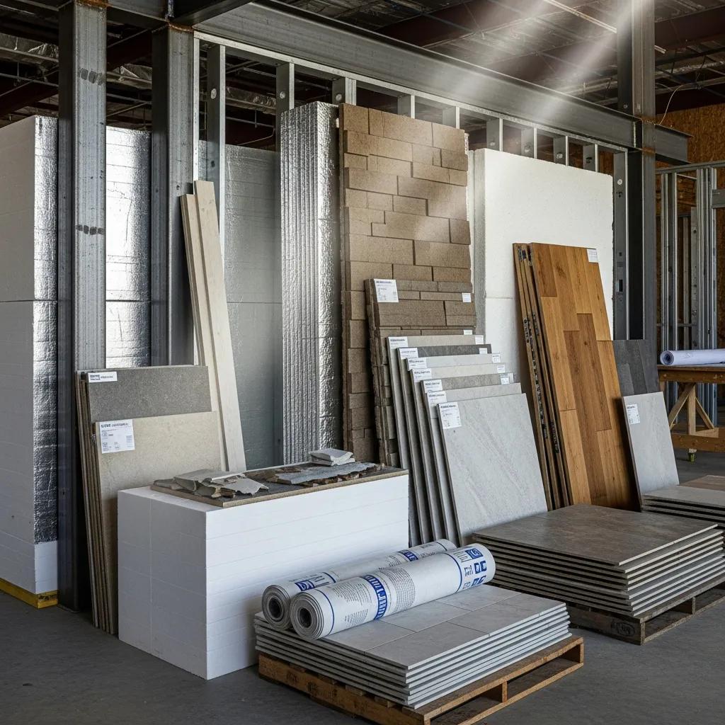 Modern building materials for custom homes, including steel frameworks and insulation