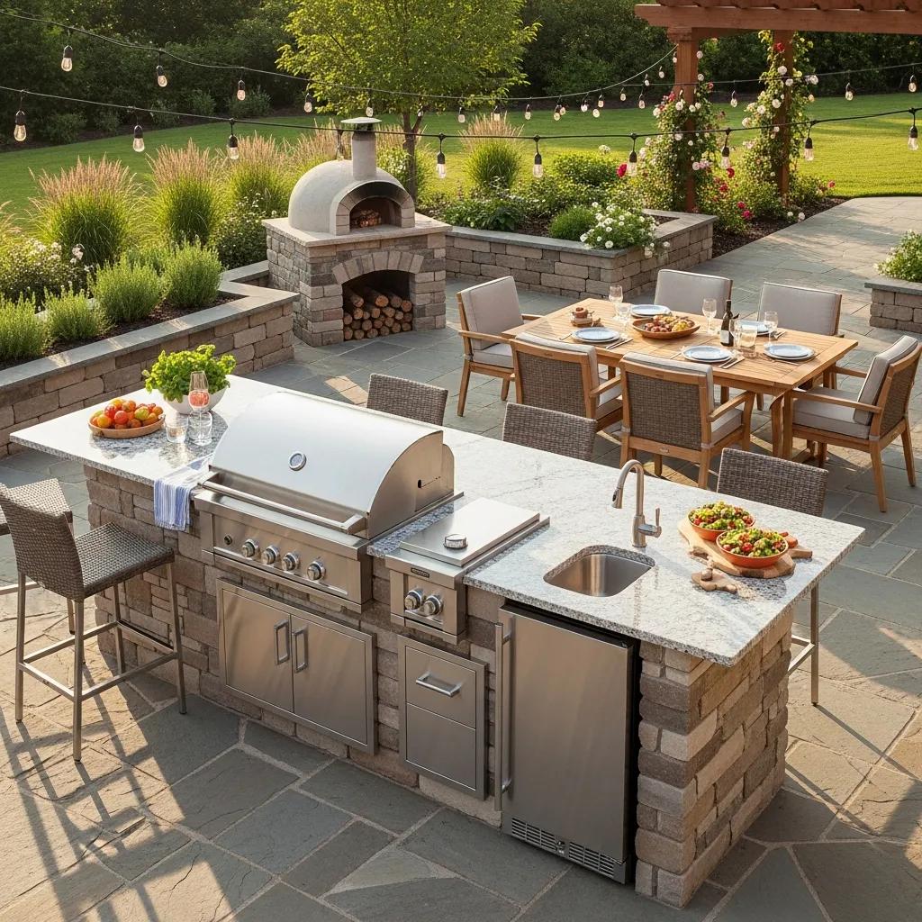Stylish outdoor kitchen with premium appliances and inviting dining area enhancing backyard experience
